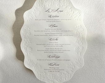 Die Cut Wedding Menu with Blind Letterpress, Embossed Floral Menu Card, Letterpress Save The Dates: Embossed Floral Wedding Cards