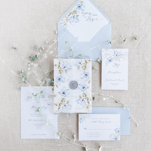 Dusty blue Wedding Invitation, Floral Wedding Invitation, Dusty Blue Wedding, Wedding Invitation Suite, White and Blue