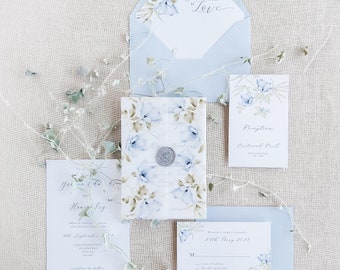 Dusty blue Wedding Invitation, Floral Wedding Invitation, Dusty Blue Wedding, Wedding Invitation Suite, White and Blue