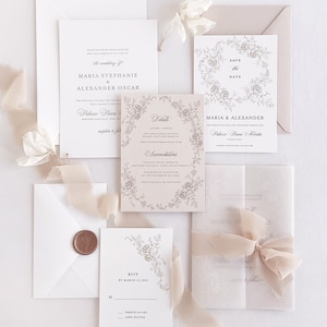 Ivory Wedding Invitation, Floral Wedding Invitation, Provence Invitation, Floral Monogram, Deckled Edge, Toscany wedding, Floral crest
