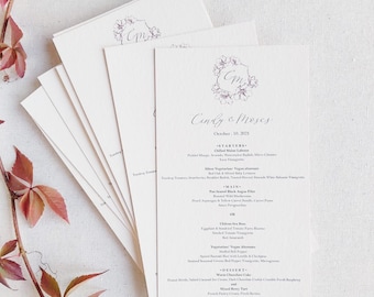 Floral Crest Wedding Menu Card: Modern Calligraphy, Torn Edges