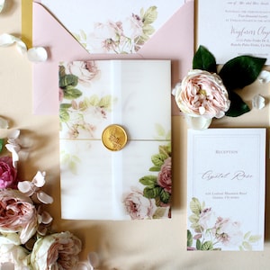 Rose Pergament Einladung, Hochzeitseinladung, Floral rose Pergament Einladungen, elegante Hochzeit SAMPLE