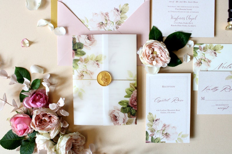 Rose Vellum Invitation Blush Wedding Invitation Floral Rose | Etsy