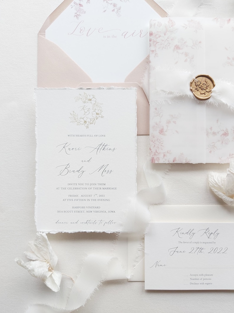 Nude Wedding Invitation, Rose Floral Wedding Invitation, French Provence Invitation with Deckled Edge, Vineyard wedding invitation, image 1