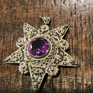 Vintage Jerusalem Silver .935 Amethyst Brooch