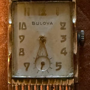 Vintage Bulova Art Deco Watch Gold Tone Rectangular Case Sub Dial Womens Wristwatch Mid Century Collectible Untested