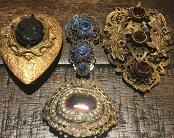 Vintage Art Nouveau Style Gold Tone Ornate Filigree Sash Brooch Pendant Lot