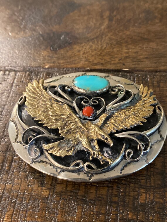 Turquoise Coral Silver Belt Buckle