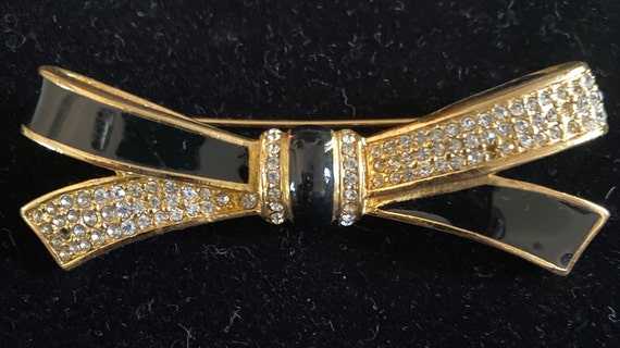 Vintage Christian Dior Brooch Gold Tone Ribon Bow Black Enamel