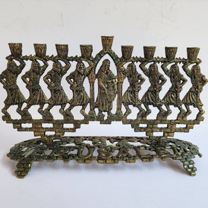 Brass Menorah Hanukkah Maccabee Soldiers, Vintage Judaica Made in Israel