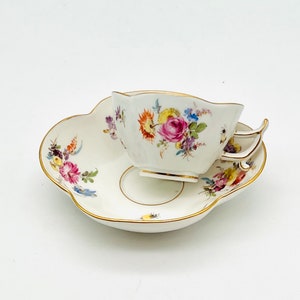 Meissen Cup and Saucer Quatrefoil Shape,18th Century Hand Painted Antique  Fine Porcelain. Floral Bug and Butterfly