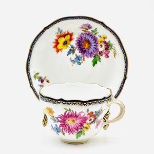 Antique Meissen Cup and Saucer Floral Cobalt Gold  Hand Painted Porcelain 19th c.