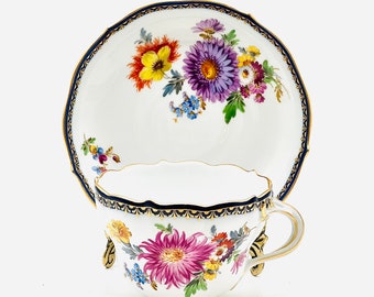 Antigua Taza Meissen y Platillo Floral Cobalto Oro Pintado a Mano Porcelana 19th c.