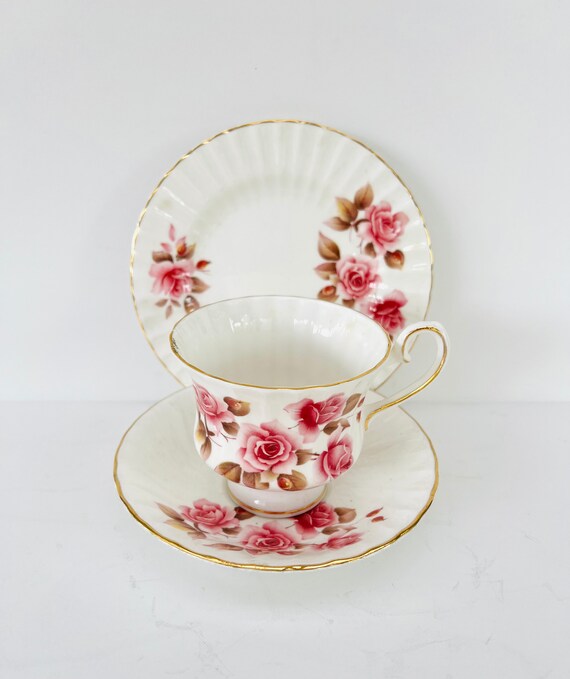 more available UNUSED Royal Sutherland Pink Roses Cup Saucer &  Plate Trio 