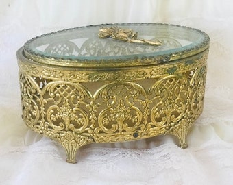 Vintage Ormolu Filigraan Sieraden Kist, doos.