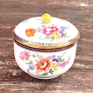 Meissen Sugar Bowl, Hand Painted,  Antique Flowers Motif Lidded Box, Blue Crossed Swords.