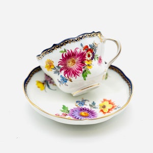 Antique Meissen Cup and Saucer Floral Cobalt Gold  Hand Painted Porcelain 19th c.