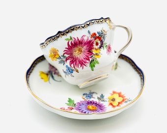 Antique Meissen Cup and Saucer Floral Cobalt Gold  Hand Painted Porcelain 19th c.
