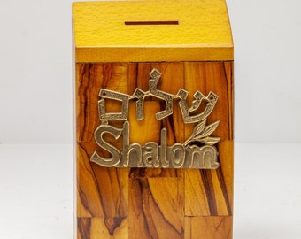 Vintage Olive Wood Judaica Charity Box: Shalom Peace, Israel, 1970s