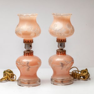 Pair of Vintage Frosted Pink Glass Original Shade Table Lamps.Desk Lamp .