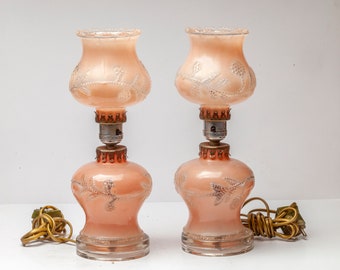 Pair of Vintage Frosted Pink Glass Original Shade Table Lamps.Desk Lamp .