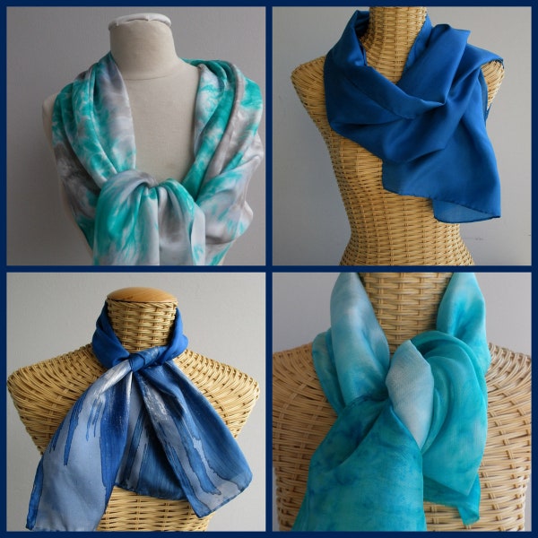 Foulards, écharpes en soie, bleu ou turquoise@evysoie