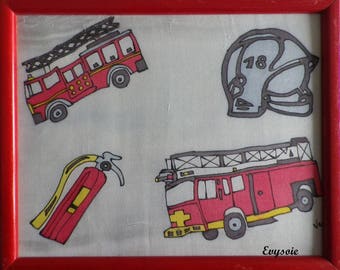 tableau en soie " pompiers" : camions et accessoires @evysoie