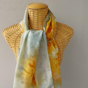 Silk scarf, steel gray, old gold, almond green, hand painted