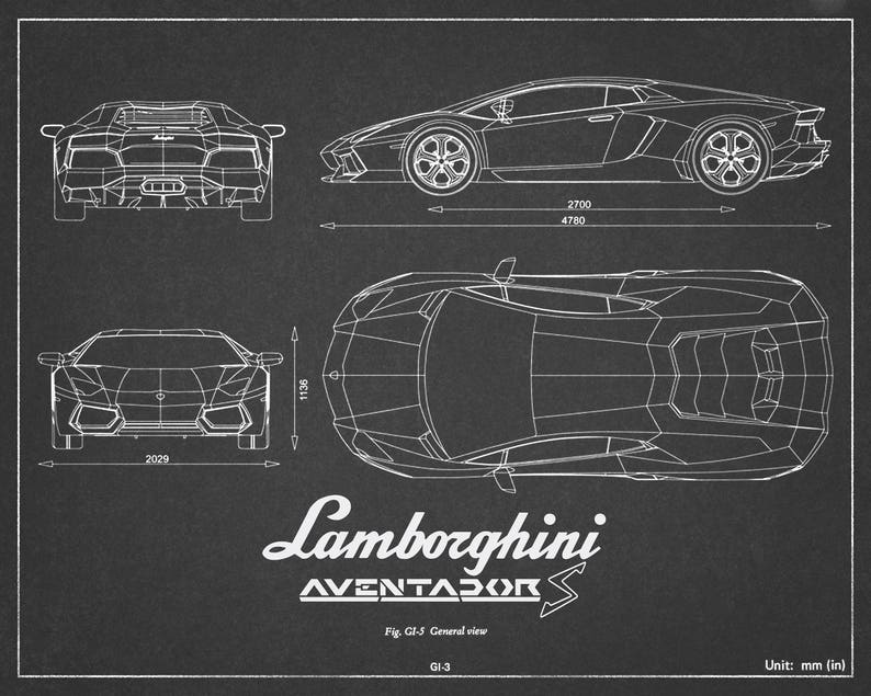 Lamborghini Aventador S Blueprint Car Decor Wall Art | Etsy