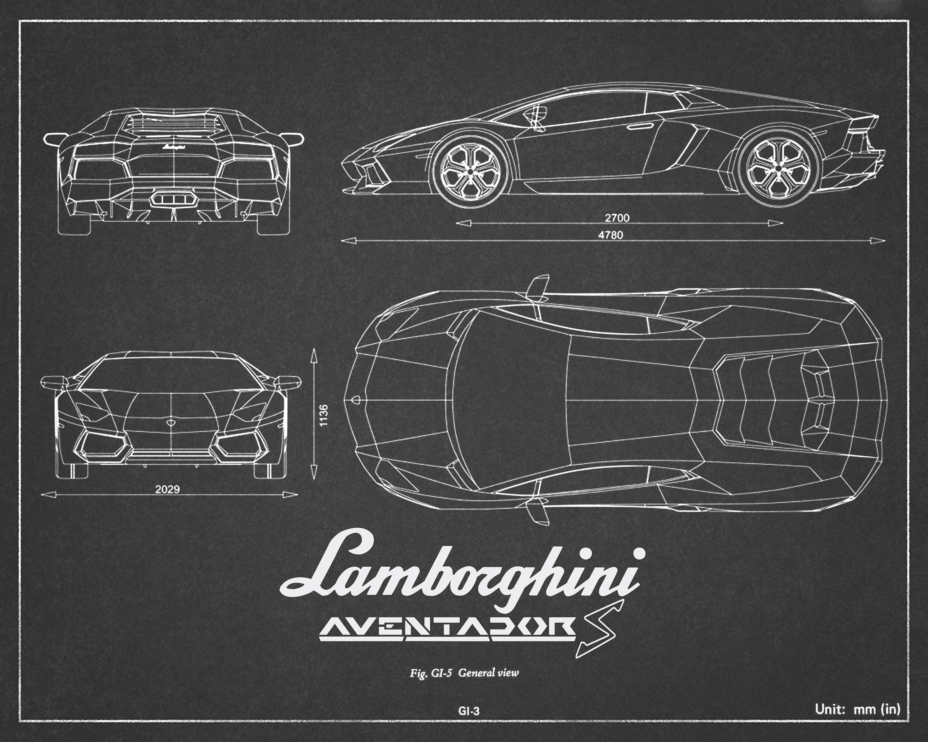 Lamborghini Aventador S - Blueprint - Car Decor - Wall Art