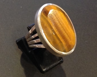 Vintage Sterling silver tiger eye statement ring oval cut