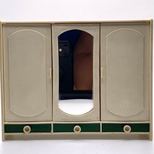 Vintage doll house wardrobe plastic mirror white green drawers miniature furniture