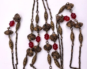 Vintage necklace bronze filigree red glass Chinese style Art Deco