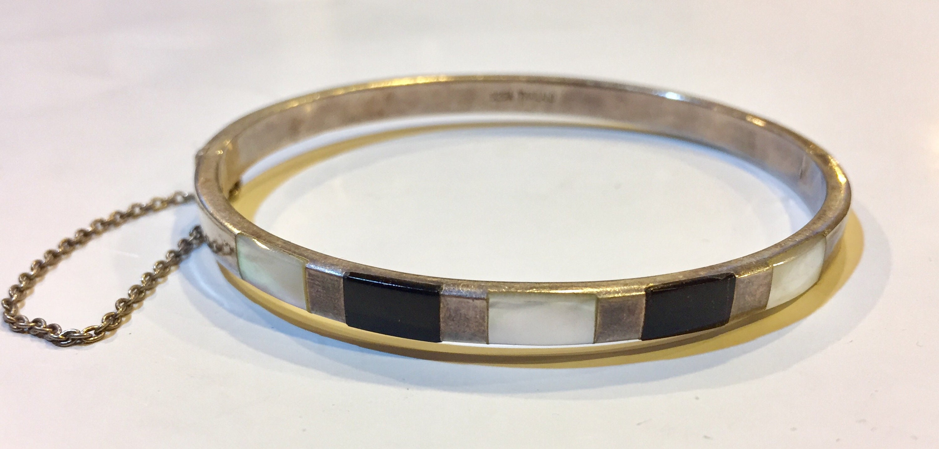 Vintage Bracelet Sterling Silver Black Onyx Mother of Pearl Handcrafted