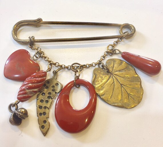Vintage cardigan pin charms bronze jasper stone ch