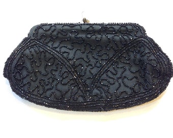 Vintage Purse Bag Clutch Evening Black  Beads Embroidery Hand made Belgium