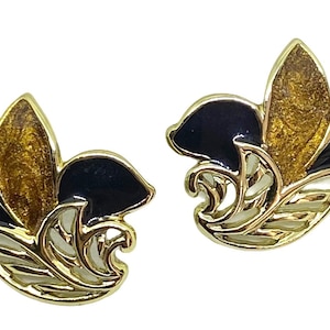 Vintage earrings  bronze black enamel gold tone metal stud floral