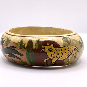 Vintage bracelet hand painted wood hunting scene naive art