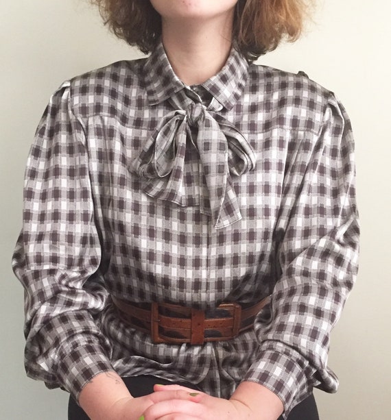 Vintage Louis Feraud blouse checked brown beige bo