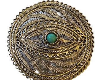 Vintage sterling silver filigree turquoise brooch evil eye