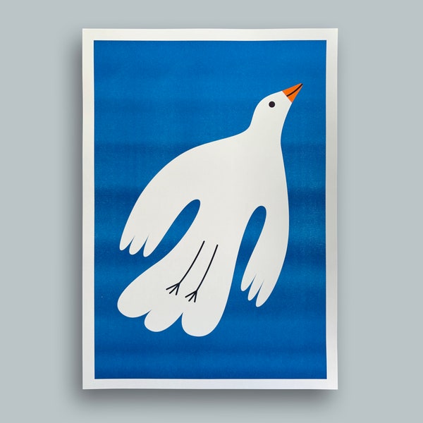 Vogel – A2 Riso Print, Poster, weiße Taube