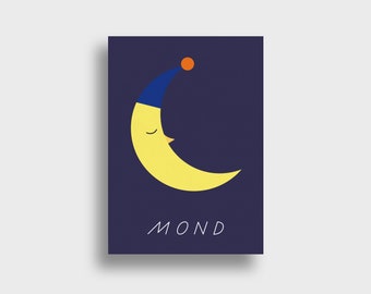 Moon — Postcard, DIN A6, moon with cap, sleeping moon, crescent moon