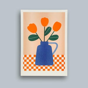Jarrón con tulipanes – Impresión risográfica DIN A5, Riso, Bouquet Vase