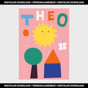 Póster con nombre personalizado, impresión digital para habitación infantil, póster digital con nombre de niño y año de nacimiento, póster de nacimiento, póster infantil moderno