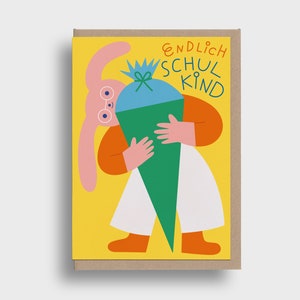 Finalmente scolaretto giallo - biglietto pieghevole DIN A6 con busta - biglietto, coniglietto, iscrizione scolastica, presentazione scolastica, cono scolastico, cono di zucchero