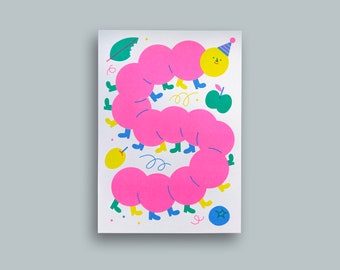 Raupi – Riso Print A5, caterpillar with rubber boots and party hat