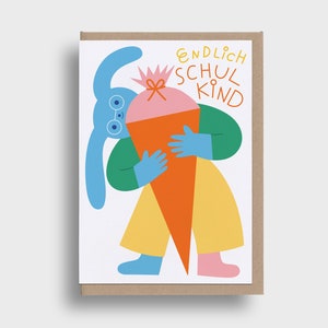 Enfin l'écolier sait - carte pliante DIN A6 avec enveloppe - carte, lapin, inscription scolaire, introduction à l'école, cône scolaire, cornet de sucre