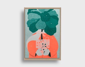 Christmas card fiddle-leaf fig, Riso print, folding card A6, Christmas, neon orange, greeting card, Merry Christmas