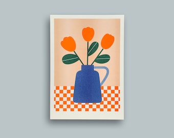 Vase with Tulips – Riso Print, Risograph