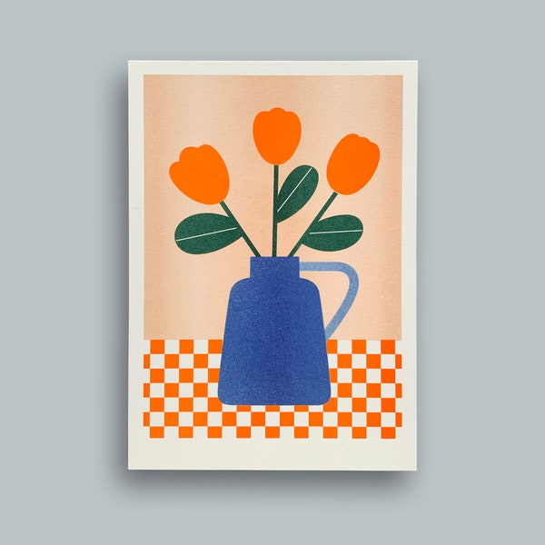 Vase mit Tulpen – Riso Print, Risograph
